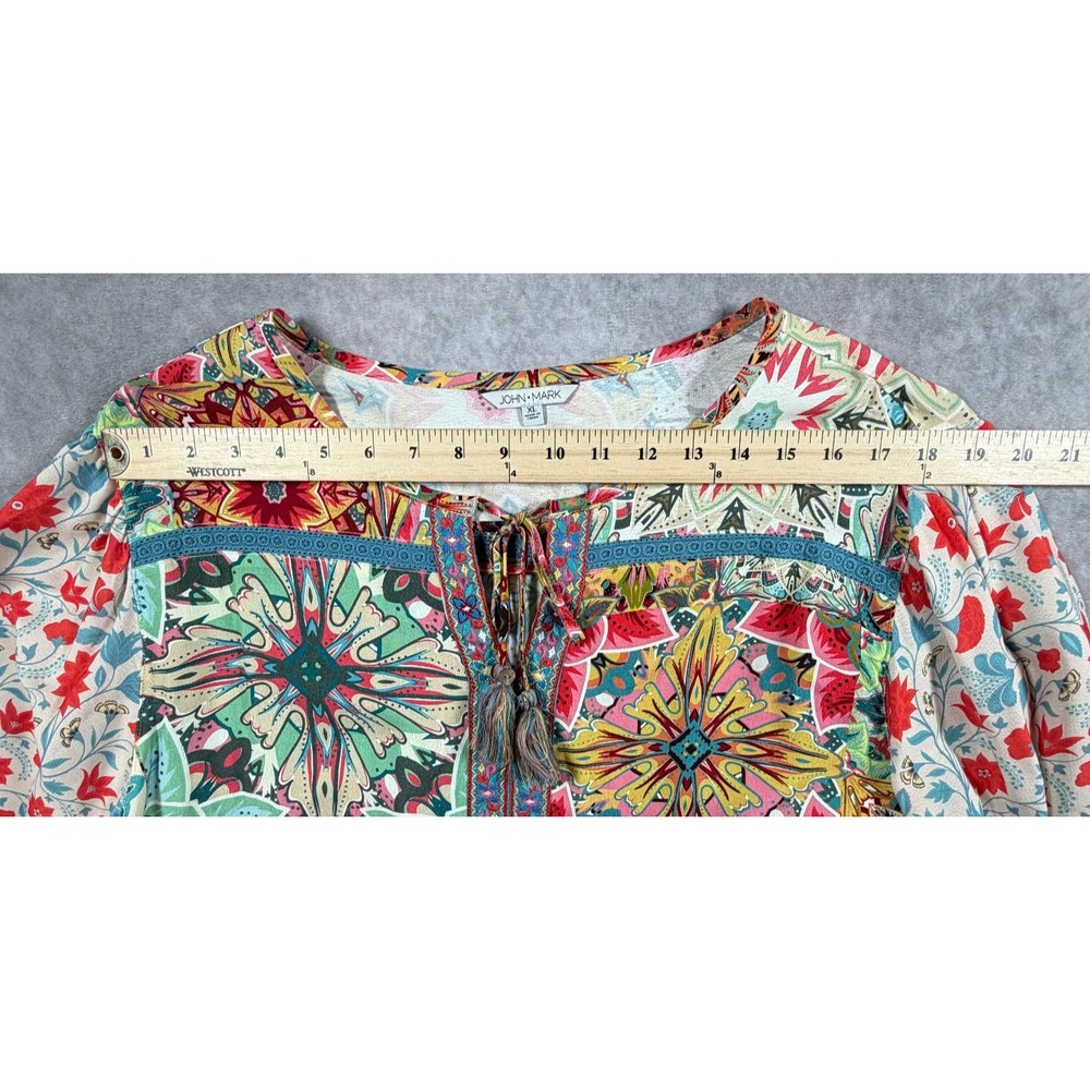 John Mark Womens XL Blouse Rayon Multicolor Floral Patchwork Boho Tassel Tie - Picture 7 of 9